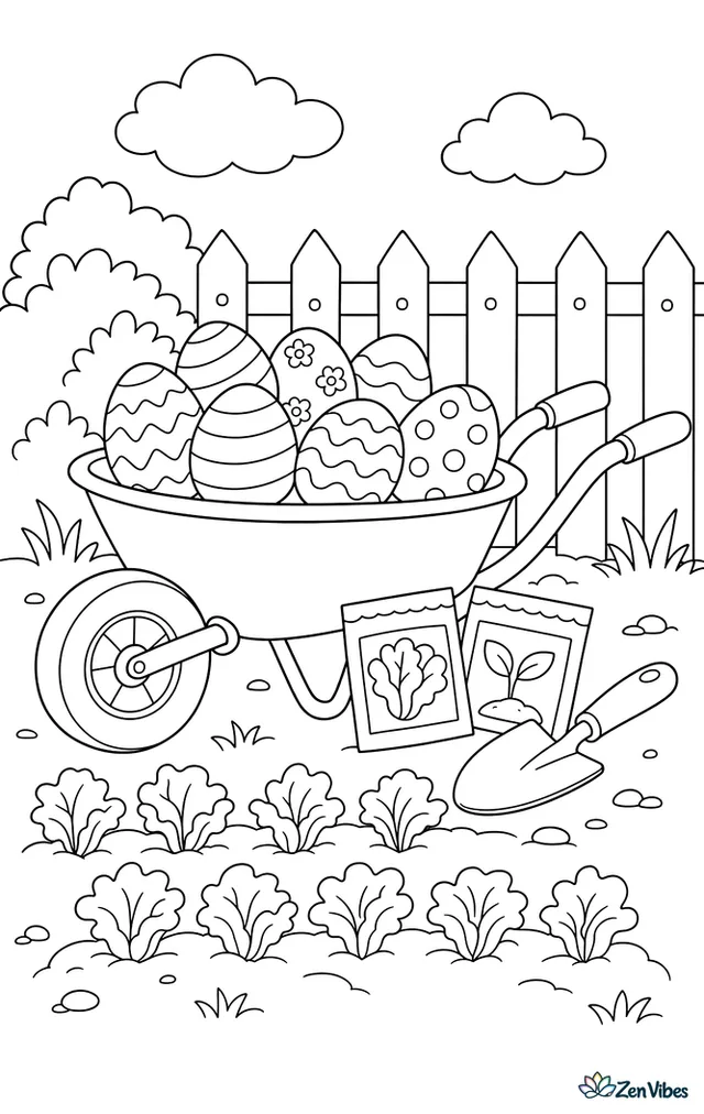 A garden wheelbarrow filled with painted Easter eggs is parked beside seed packets, a trowel, and rows of sprouting lettuce.