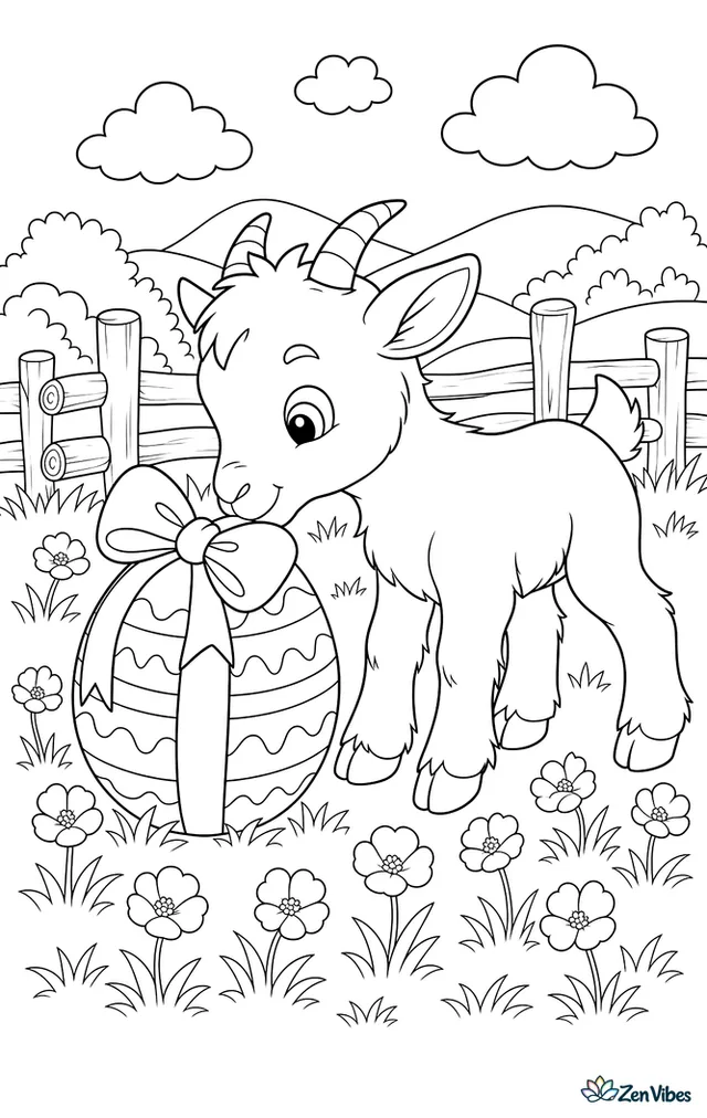 A playful goat kid sniffs a ribbon-tied Easter egg in a meadow dotted with buttercups, a log fence, and distant rolling hills.
