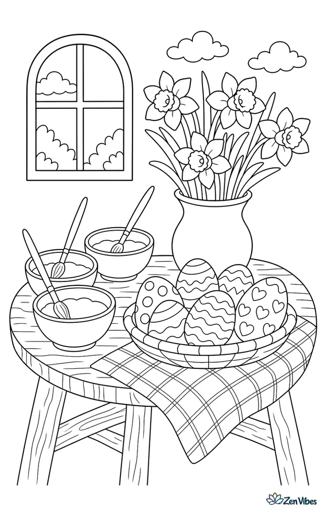 A wooden table holds bowls of dye, brushes, and Easter eggs in different patterns, with a vase of daffodils and a checked cloth.