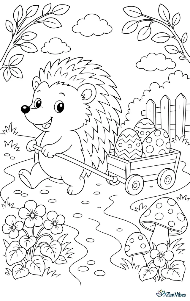 A hedgehog pulls a tiny cart carrying decorated Easter eggs along a forest path lined with mushrooms, violets, and leafy branches.