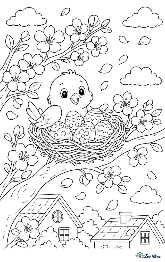A bird nest tucked into a flowering cherry branch contains small patterned Easter eggs, with petals drifting past and rooftops in the distance.