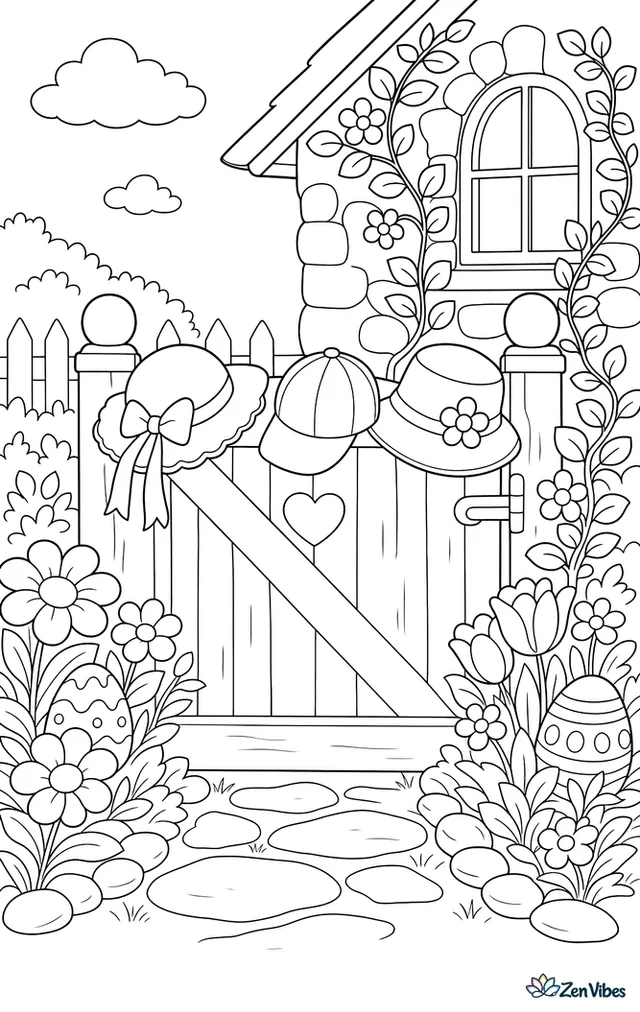 Children's hats hang on a garden gate while hidden Easter eggs peek from flower beds around a stone cottage with climbing vines.