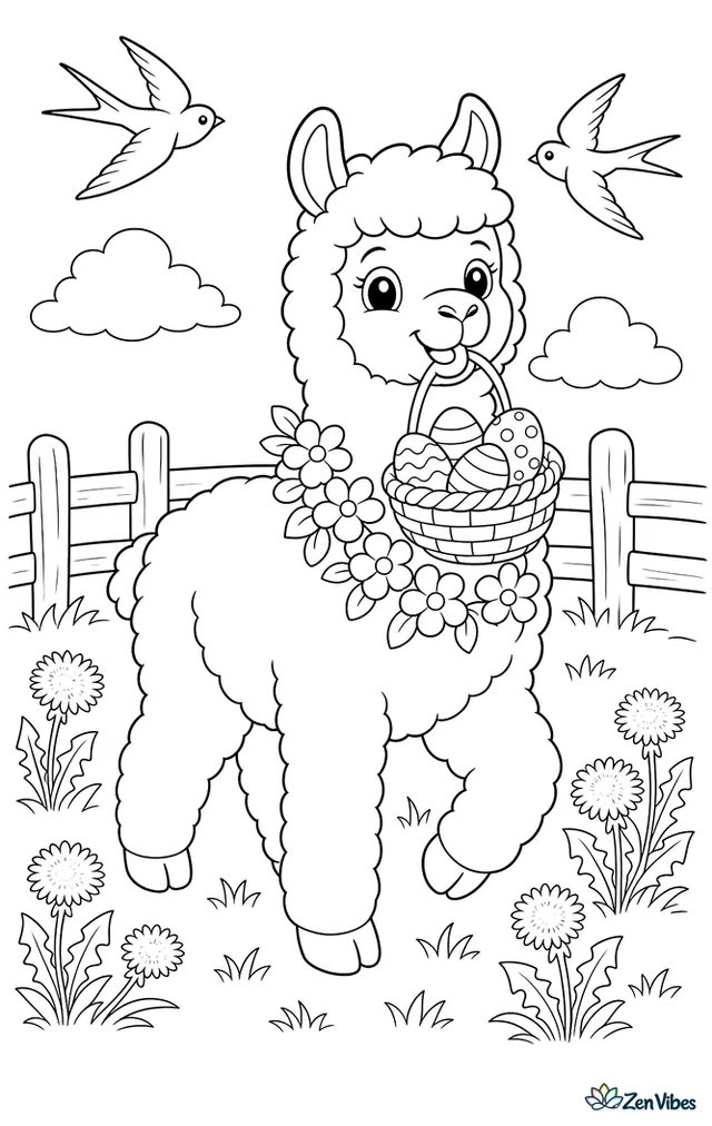 An alpaca wearing a flower garland carries a small basket of Easter eggs through a pasture, with dandelions, a fence, and barn swallows overhead.