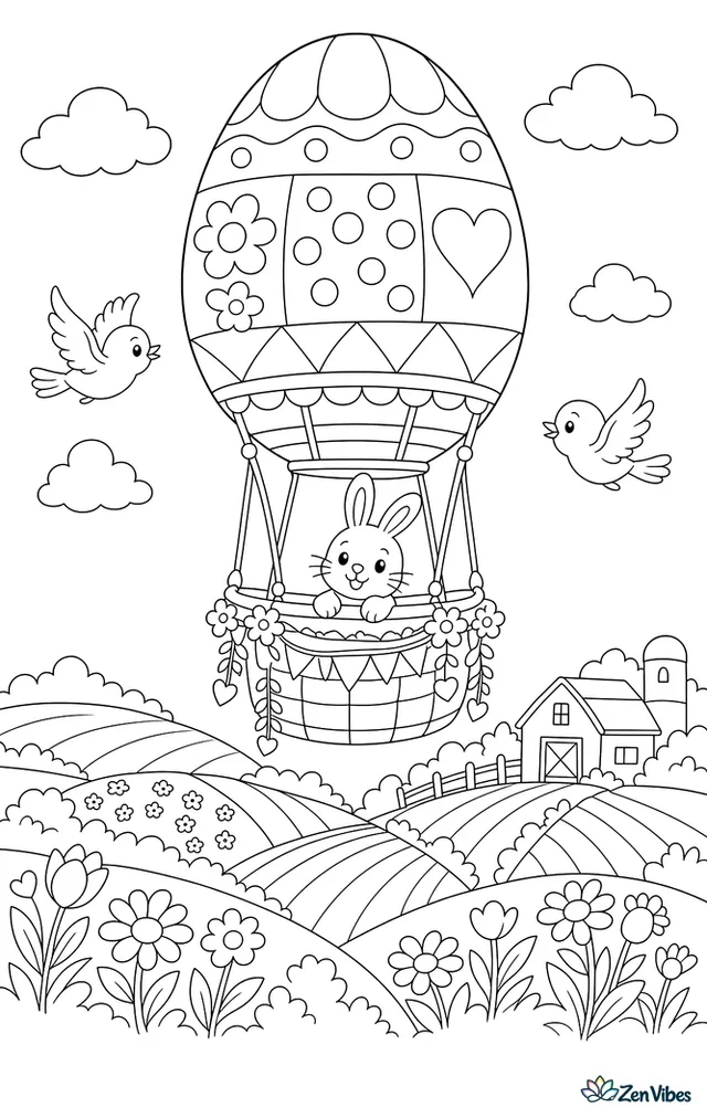 An egg-shaped hot air balloon floats above spring fields, with patchwork farms below, birds nearby, and garlands hanging from the basket.