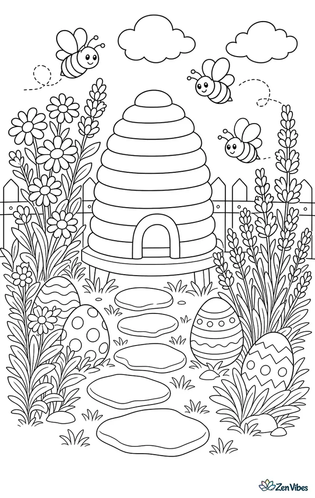 A beehive sits among flowering herbs while decorated Easter eggs are tucked between lavender bushes, stepping stones, and buzzing bees.