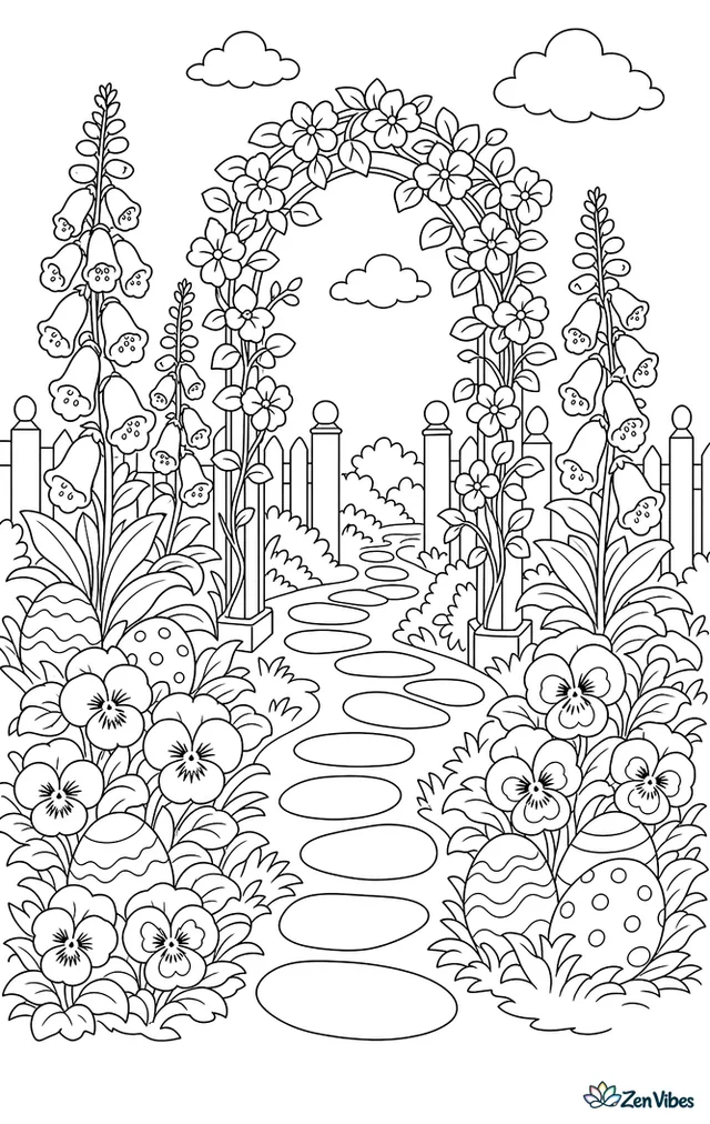 A winding garden path lined with foxgloves and pansies leads past hidden Easter eggs toward an arbor covered in blooming vines.