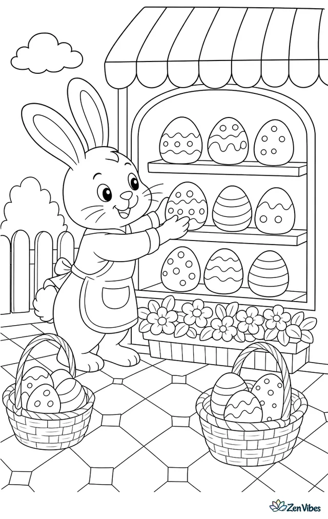 A rabbit arranges egg-shaped buns in a bakery window display, with baskets, a striped awning, flower boxes, and patterned tiles.