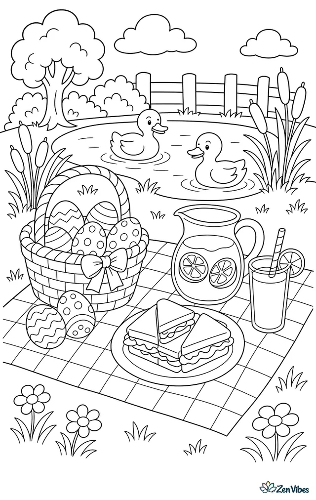 A picnic blanket beside a pond holds Easter eggs, sandwiches, and lemonade, while ducks paddle nearby and cattails sway in the breeze.