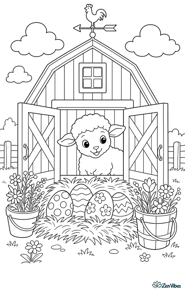 A lamb peeks from an open barn door at decorated Easter eggs in the straw, with buckets, wildflowers, and a weather vane above.