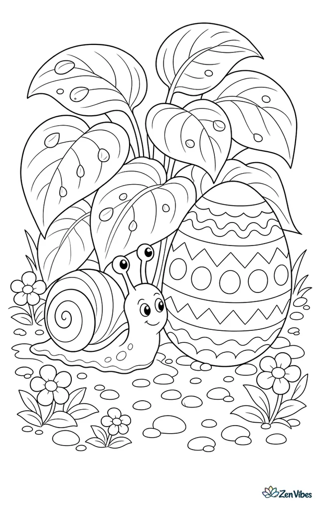 A garden snail inches past a large painted Easter egg beneath broad hosta leaves, with dew drops, pebbles, and tiny blossoms around.