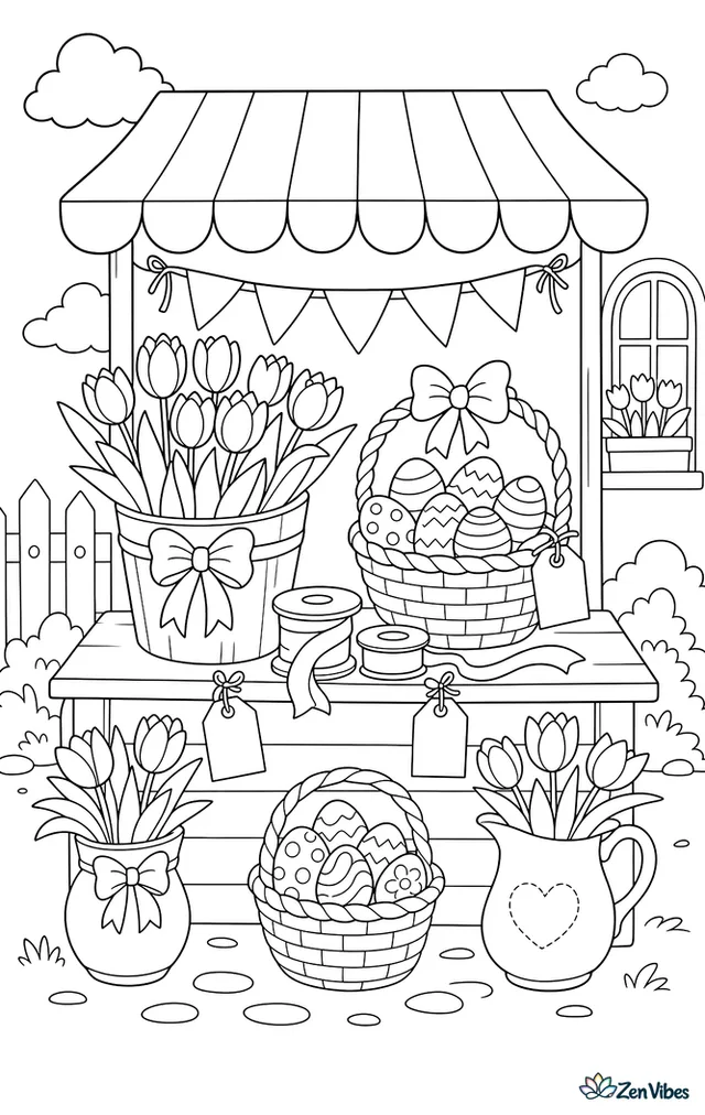 A spring market stall displays tulip bouquets, baskets of Easter eggs, ribbons, and handwritten tags beneath a striped canopy.