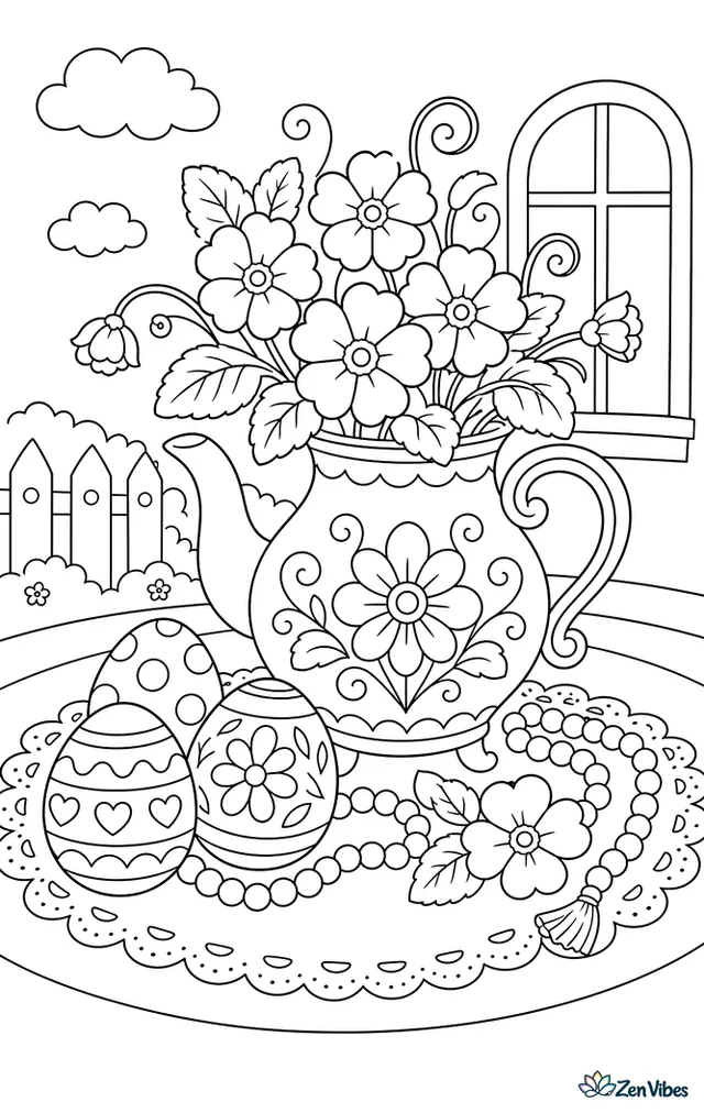 A vintage teapot used as a vase stands beside decorated Easter eggs on a lace tablecloth, with primroses, beads, and curling stems.
