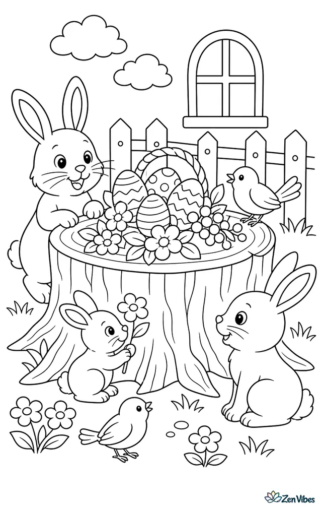 A round tree stump serves as a woodland table holding Easter eggs, berries, and flowers, with rabbits and birds gathered nearby.