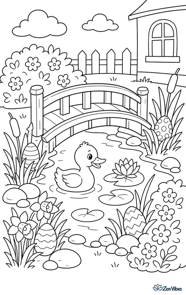 A small wooden bridge crosses a duck pond where Easter eggs hide among reeds, lily pads, stones, and flowering shrubs.