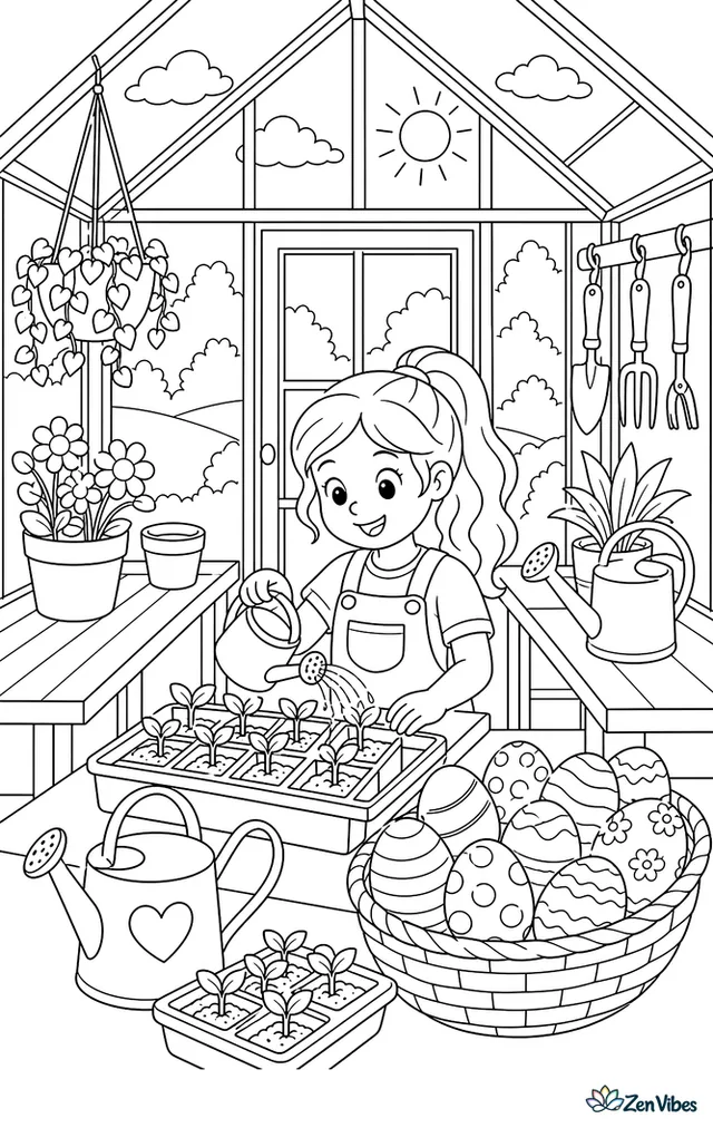 Inside a glass greenhouse, trays of seedlings sit beside baskets of painted Easter eggs, watering cans, hanging tools, and sunlit panes.