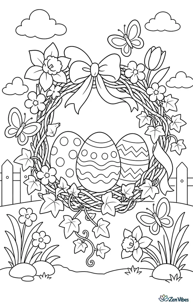 A wreath woven from twigs and spring flowers frames decorated Easter eggs, while butterflies flutter around ribbons and trailing ivy.