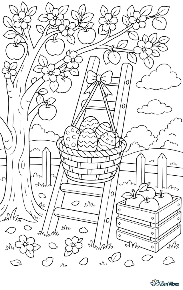 A basket of Easter eggs hangs from a ladder in an apple orchard, with blossoms overhead, fallen petals below, and a nearby crate.