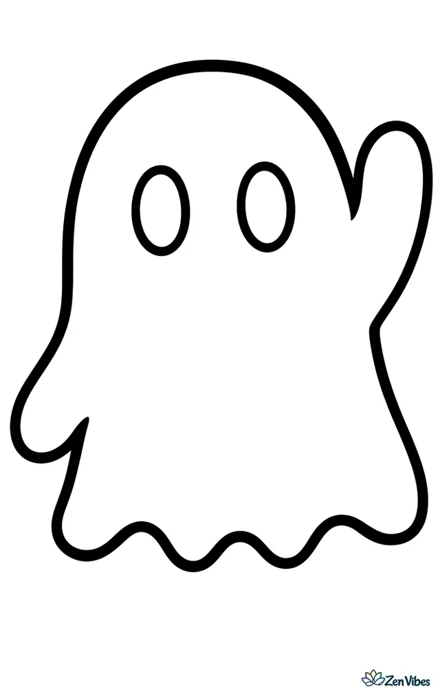 One large rounded ghost with a wavy bottom edge, two simple oval eyes, and one arm raised in a wave, nothing else on the page