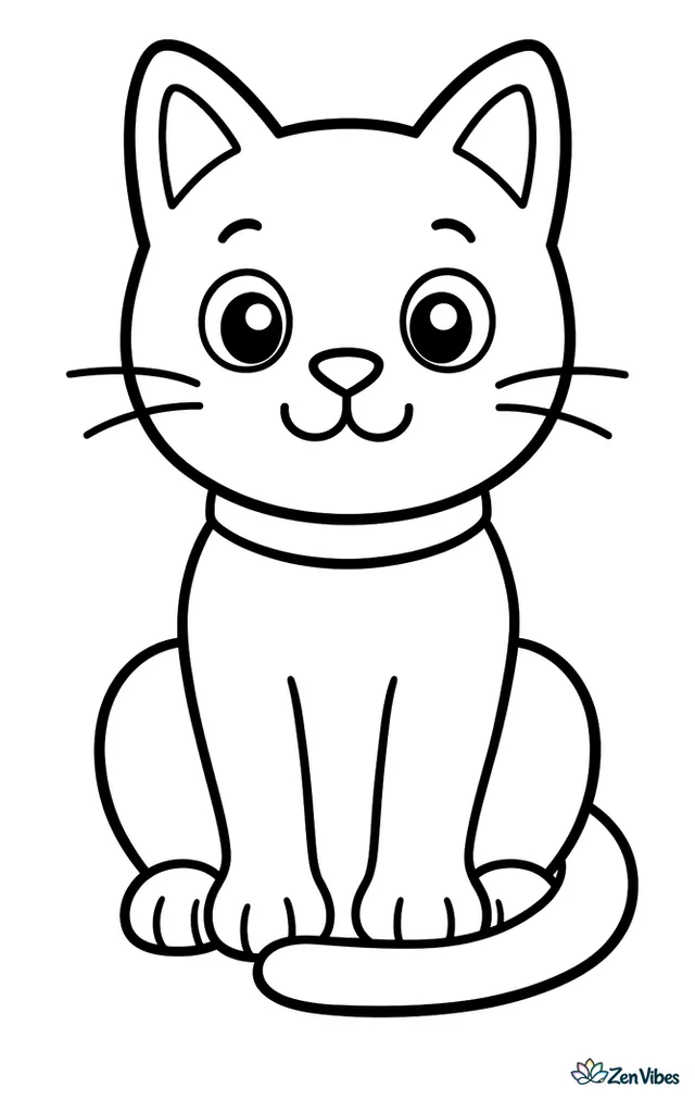 One big cat sitting up straight with pointed ears, a tail curled around its front paws, and a simple collar, nothing behind it