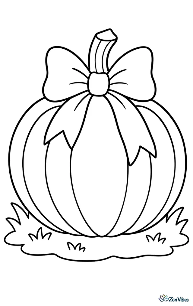 A round pumpkin with deep curved ribs and a floppy bow tied around its stem, sitting on a short patch of grass