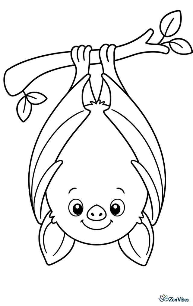 A round-bodied bat hanging upside down from one thick branch with its wings folded and a small smile on its face