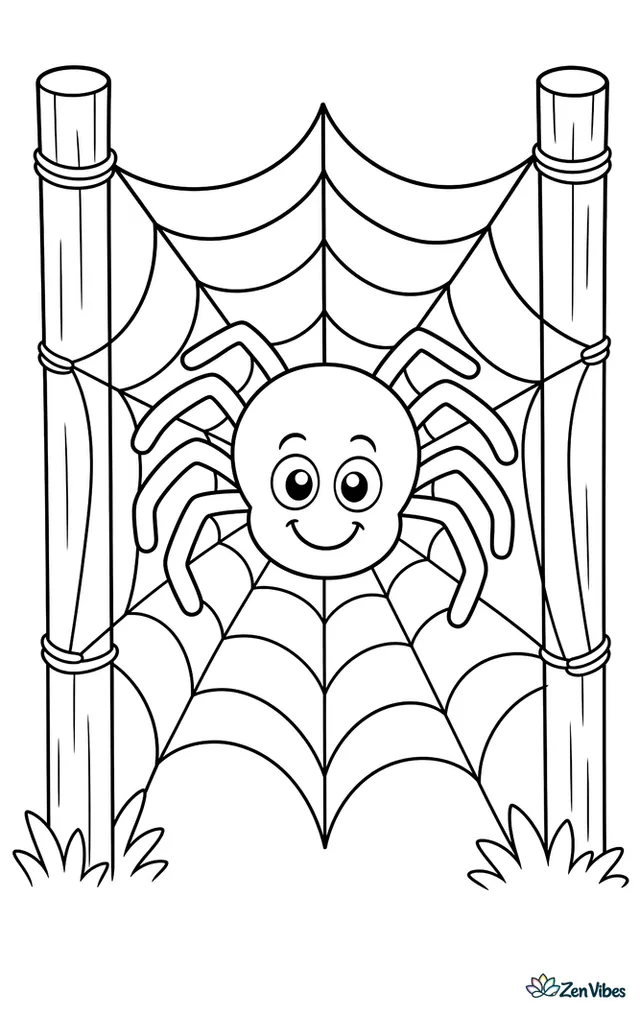 A plump spider with eight bent legs resting in the middle of a large web strung between two straight fence posts
