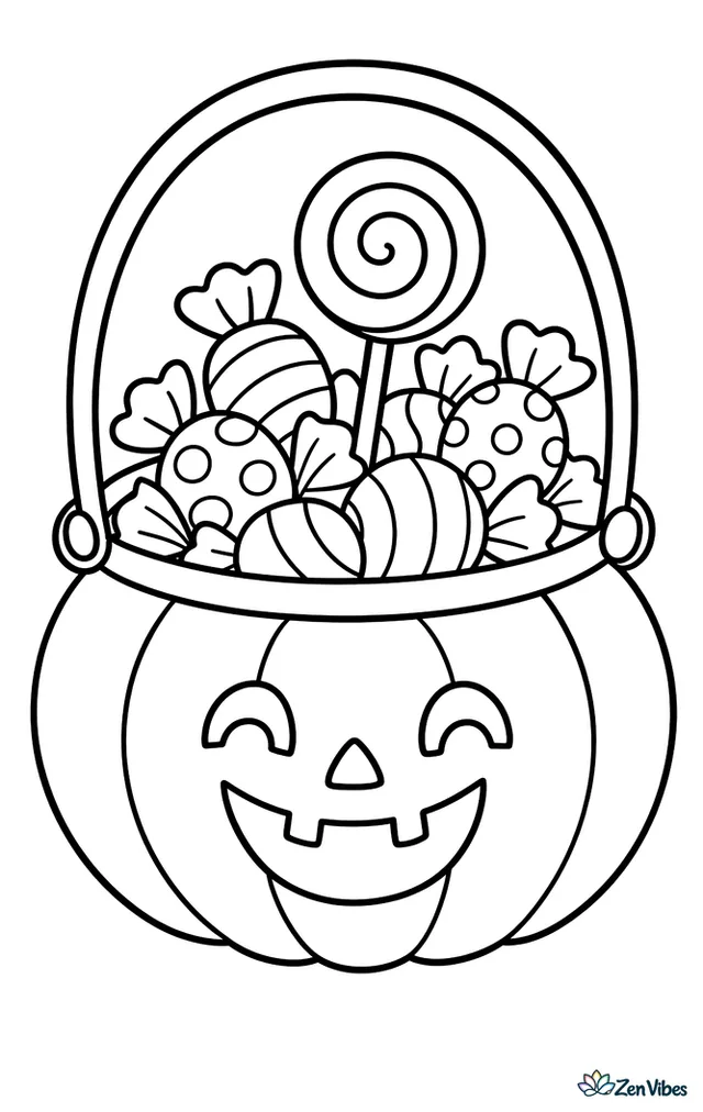A wide pumpkin-shaped bucket with a curved handle, filled to the top with big wrapped candies and one tall lollipop