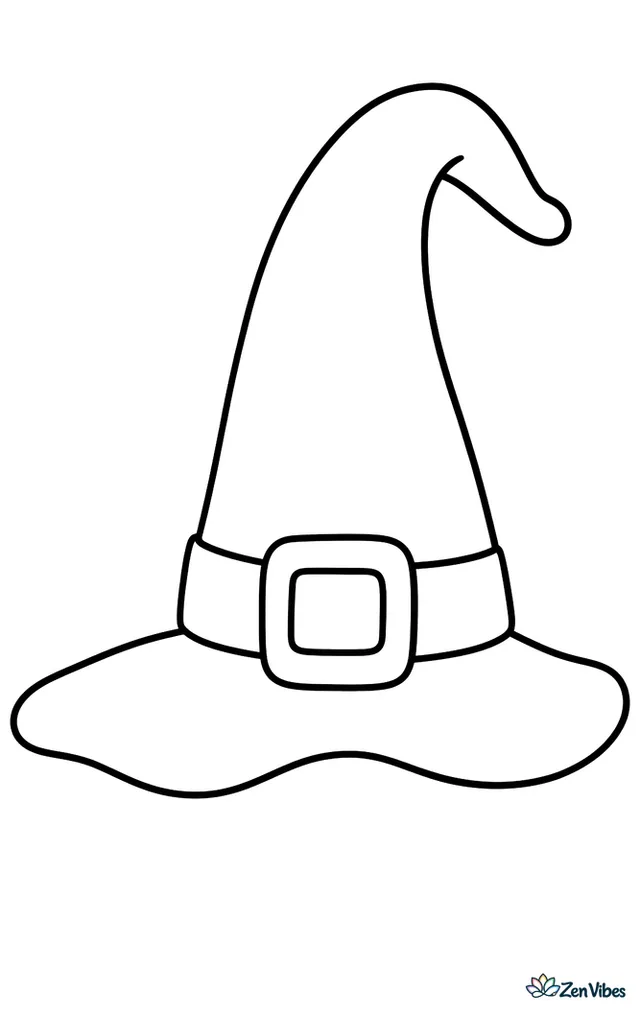 One tall pointed hat with a wide floppy brim, a thick band, and a square buckle across the front, drawn on an empty page