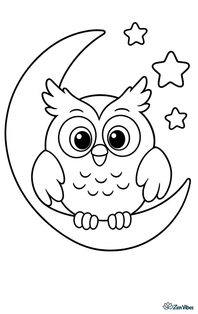 A round owl with big eyes and tufted ears perched on a thick crescent moon with three small stars floating nearby