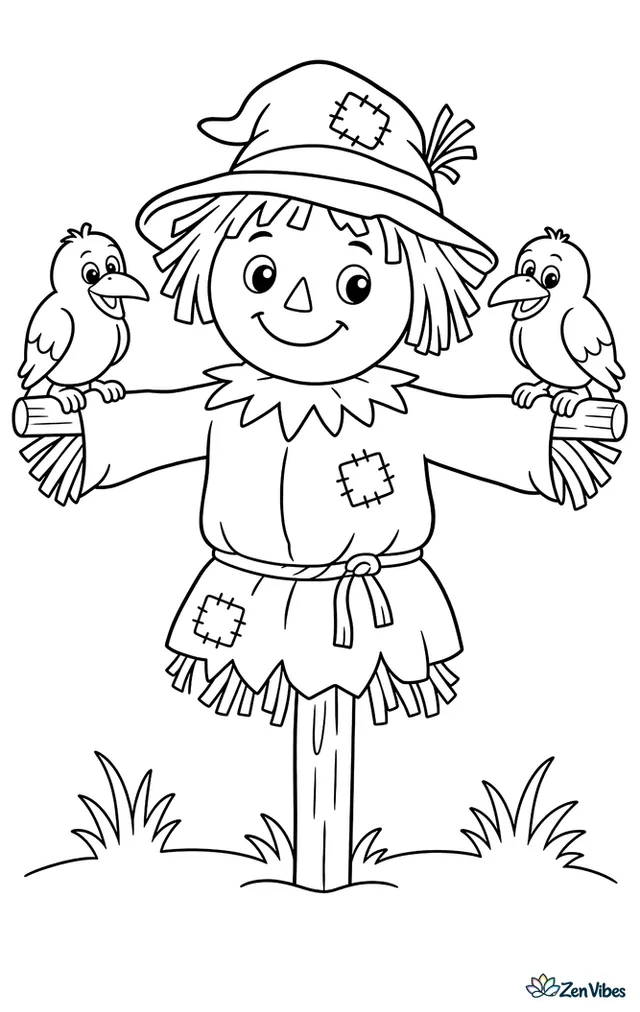 A friendly scarecrow in a straw-stuffed shirt and a patched hat with two crows sitting on his outstretched arms
