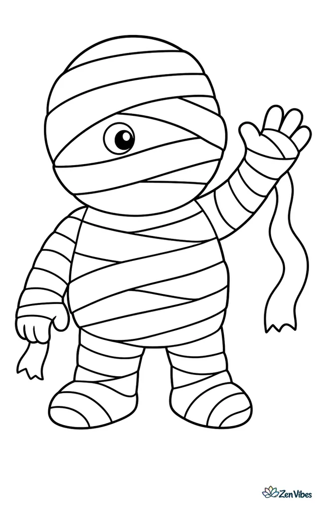 A short mummy wrapped in wide loose bandages with one eye peeking out, waving a hand with a bandage end trailing down