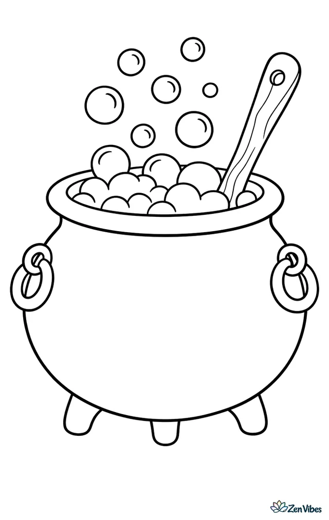 A round cauldron on three stubby legs with large round bubbles rising out of the top and a wooden spoon leaning inside