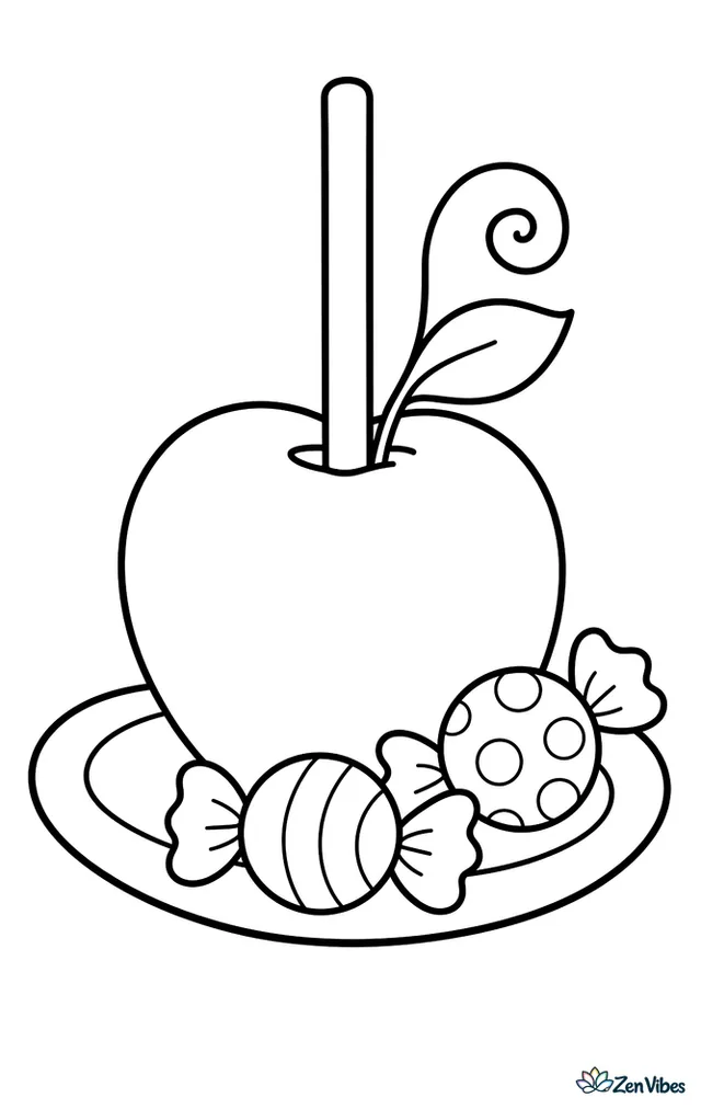 A smooth candy apple on a straight stick with one curly leaf at the top, sitting on a small plate beside two wrapped sweets