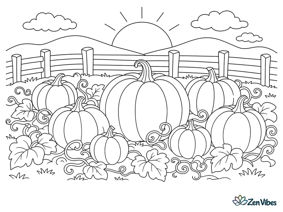 A field of round pumpkins in different sizes with curling vines, a low rail fence behind them, and a wide sun dropping past the hills