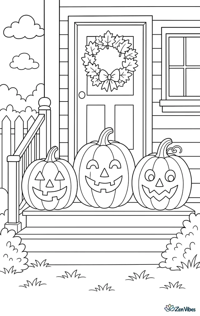 Three carved pumpkins with different faces lined up on wooden porch steps beside a front door hung with a leaf wreath