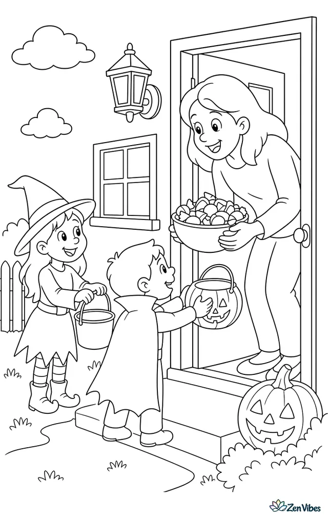 Two children in simple costumes holding out buckets at a front door while a grown-up leans down with a bowl of candy