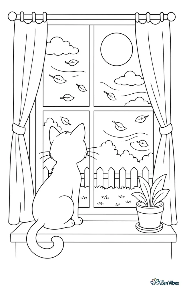 A cat sitting on an inside windowsill looking out at a full moon, with the curtains pushed back and leaves blowing past the glass