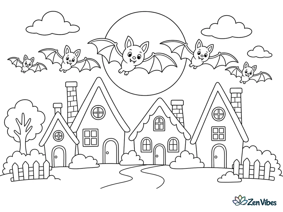 A line of bats flying across the sky above a small village of steep rooftops and chimneys with a big round moon behind them