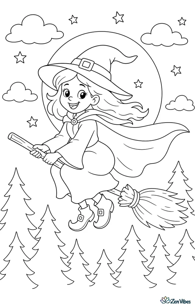 A friendly witch on a broom with her cloak streaming behind her, crossing in front of a round moon above pointed treetops