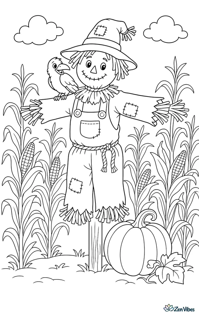 A scarecrow standing on a post in rows of tall corn with a crow on his shoulder and one fat pumpkin resting at his feet