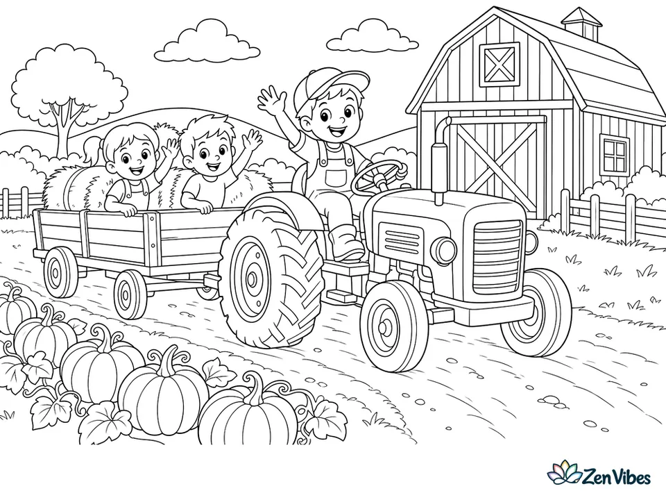 A tractor pulling a wagon of hay bales and waving kids along a dirt track past a big barn and a long row of pumpkins