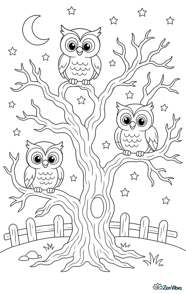 Three owls perched at different heights in a bare tree with twisted branches and stars scattered across the sky behind them