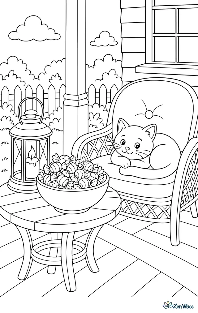 A bowl heaped with wrapped candy on a small porch table beside a lit lantern and a cat curled up on a cushioned chair