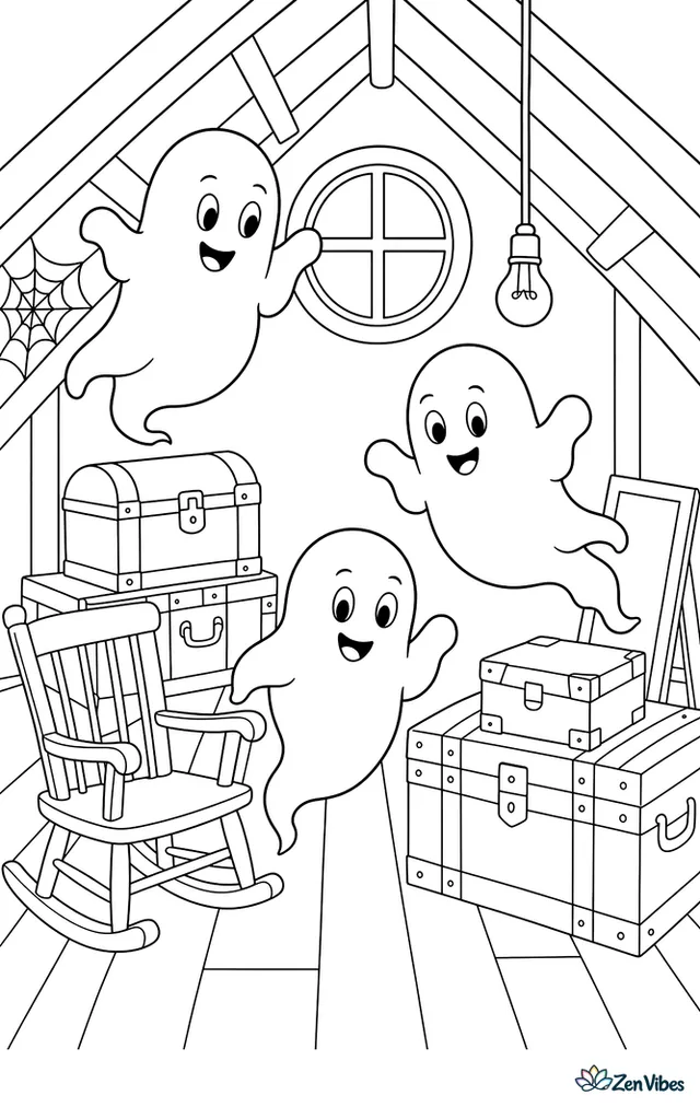Three rounded ghosts drifting among old trunks, a rocking chair, and a hanging light bulb in a dusty attic with a round window