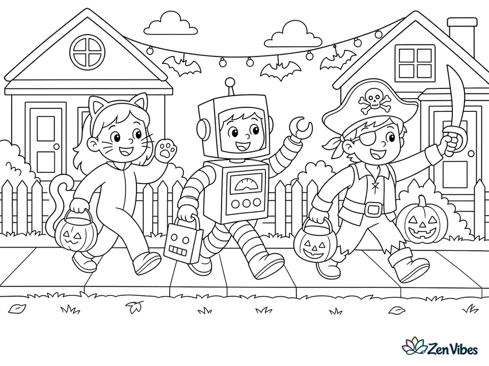 A line of kids in cat, robot, and pirate costumes marching along a sidewalk past houses strung with paper bats and lights