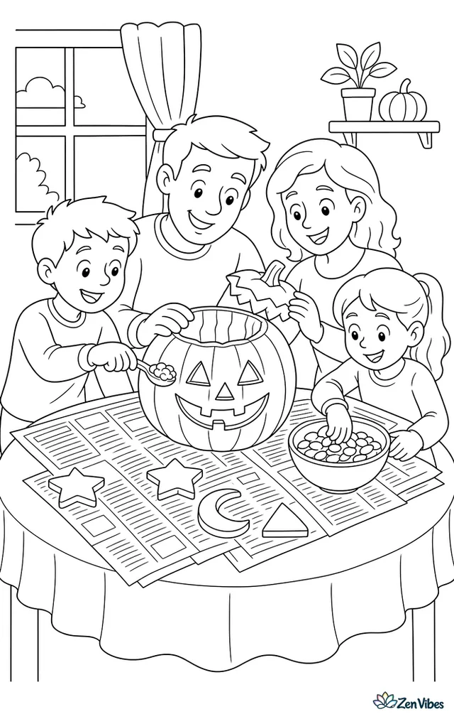A family around a kitchen table with a half-carved pumpkin, a bowl of seeds, and cut-out shapes spread across newspaper
