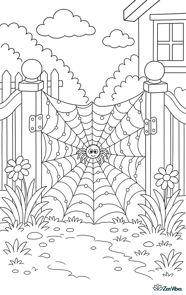 A wide web strung between the posts of a garden gate with dew drops along the threads and a small spider resting at the center