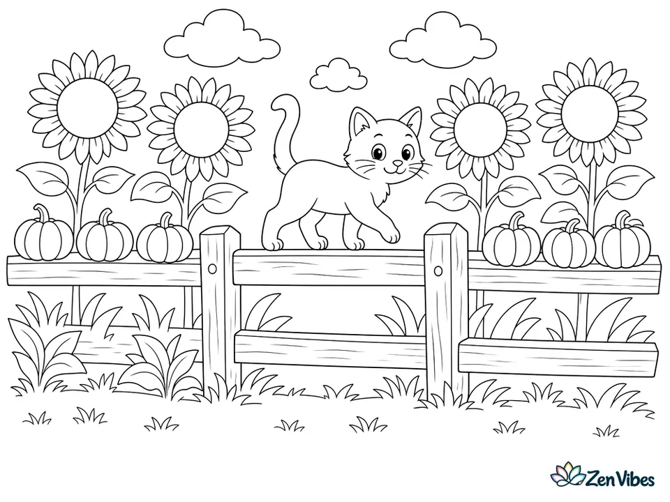 A cat walking along the top rail of a wooden fence lined with small pumpkins, with tall sunflowers nodding behind it
