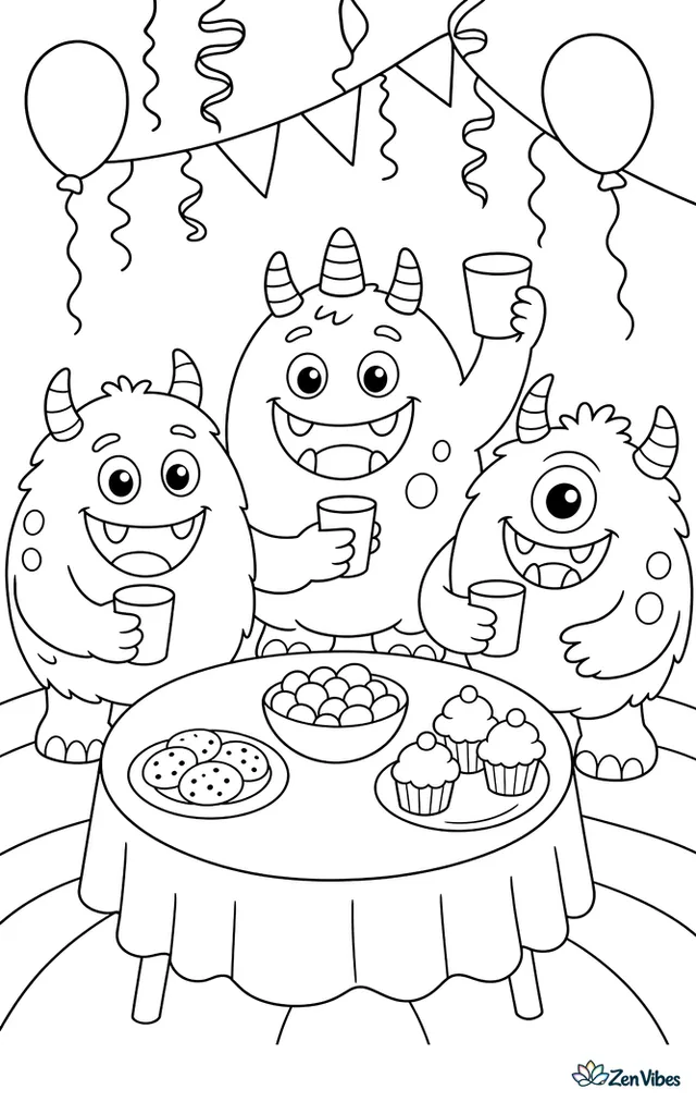 Three round, friendly monsters with soft horns and big grins holding cups at a party table with streamers hanging overhead