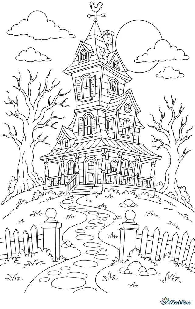 A tall crooked house with shuttered windows, a wrap-around porch, and a weather vane, standing on a hill above a winding path and bare trees